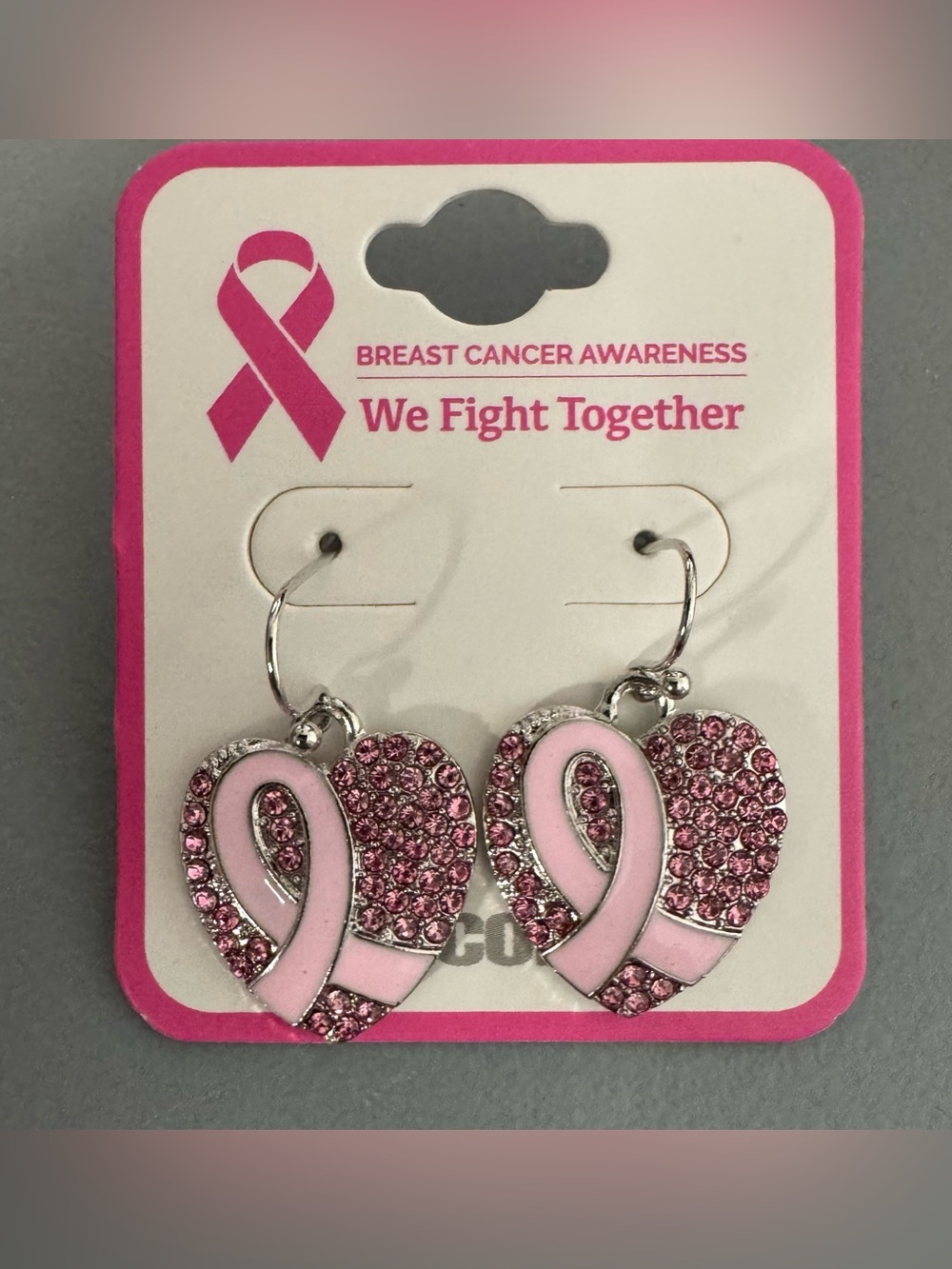 Breast Cancer Awareness Pink Ribbon Heart Dangle Crystal Earrings ribbon